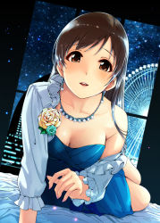 Rule 34 | 10s, 1girl, amusement park, arm support, bare shoulders, bed sheet, blouse, blue dress, breasts, brown eyes, brown hair, building, cleavage, collar, collarbone, corsage, cosmo clock 21, dress, earrings, female focus, ferris wheel, fingernails, frilled collar, frilled shirt collar, frills, gustav (telomere na), highres, idolmaster, idolmaster cinderella girls, indoors, intercontinental yokohama grand, jewelry, leaning forward, light particles, lipgloss, long hair, looking at viewer, medium breasts, nail polish, necklace, night, night sky, nitta minami, off shoulder, open clothes, open m/, open mouth, open shirt, pink nails, sash, shirt, sitting, sky, smile, solo, star (sky), starry sky, strapless, strapless dress, white shirt, window, yokohama, yokohama cosmo world