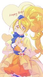 Rule 34 | blonde hair, blue hat, blue scarf, commentary, cure etoile, dress, earrings, garrison cap, hair between eyes, hair ornament, happy birthday, hat, heart pouch, highres, hugtto! precure, jewelry, long hair, magical girl, mini hat, orange dress, precure, qianxia yell, scarf, side ponytail, star (symbol), star earrings, star hair ornament, swept bangs, symbol-only commentary, very long hair, wrist cuffs, yellow eyes
