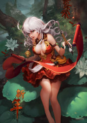 Rule 34 | 1girl, 2020, antilous, armlet, bag, bare legs, barefoot, bracelet, brush, chinese clothes, chinese new year, dress, forest, green eyes, highres, jewelry, long hair, nature, necklace, original, red dress, satchel, scroll, wavy hair, white hair