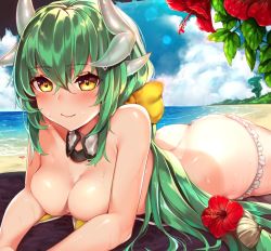 Rule 34 | bare shoulders, beach, bikini, blue sky, blush, bow, breasts, butt crack, cleavage, closed mouth, cloud, cloudy sky, day, detached collar, fate/grand order, fate (series), flower, green hair, hair between eyes, hair bow, hair flower, hair ornament, horns, kaerunoko, kiyohime (fate), kiyohime (fate/grand order), kiyohime (swimsuit lancer) (fate), kiyohime (swimsuit lancer) (first ascension) (fate), light particles, long hair, looking at viewer, lowleg, lowleg bikini, lying, medium breasts, on stomach, outdoors, shell, sky, smile, solo, swimsuit, untied bikini, wet, wet hair, yellow bikini, yellow eyes