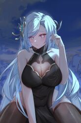 Rule 34 | 1girl, absurdres, adjusting hair, bare shoulders, black dress, black thighhighs, blue eyes, blue nails, breasts, cameltoe, cleavage, cleft of venus, collarbone, commentary, covered navel, dress, genshin impact, hair ornament, hand up, highres, katal, large breasts, light blush, long hair, looking at viewer, nail polish, parted lips, pelvic curtain, purple eyes, see-through, see-through cleavage, shenhe (frostflower dew) (genshin impact), shenhe (genshin impact), sidelocks, sitting, solo, thighhighs, thighs, two-tone eyes, very long hair, wariza