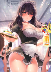 Rule 34 | 2girls, 2others, ahoge, apron, black dress, black hair, blurry, blurry foreground, blush, breasts, buttons, cleavage, collarbone, commentary request, double-breasted, dress, food, frilled dress, frills, fruit, hair between eyes, highres, holding, holding phone, holding tray, indoors, kawai (purplrpouni), large breasts, long hair, looking at viewer, looking down, maid, maid headdress, multiple girls, multiple others, no panties, original, phone, puffy short sleeves, puffy sleeves, purple eyes, short sleeves, solo focus, taking picture, thighs, tray, waist apron, wavy hair, white apron