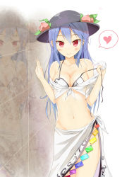 Rule 34 | 1girl, adapted costume, bare legs, bikini, blue hair, blush, breasts, cleavage, clothes pull, collarbone, female focus, food, front-tie top, fruit, groin, hat, heart, highres, hinanawi tenshi, kutata, long hair, navel, no panties, off shoulder, peach, red eyes, reflection, sarong, see-through, shirt, shirt pull, small breasts, smile, solo, spoken heart, strap slip, swimsuit, tied shirt, touhou, untied