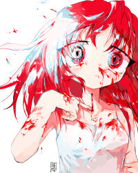 Rule 34 | 1girl, absurdres, artist logo, backlighting, bare arms, bare shoulders, bleeding, blood, blood on arm, blood on clothes, blood on face, blood on hands, bloody tears, blush, camisole, close-up, closed mouth, collarbone, crosshatching, cuts, dot nose, edanoma meu, eyes visible through hair, floating hair, furrowed brow, hair between eyes, hand up, hatching (texture), heart, highres, injury, light frown, limited palette, long hair, looking at viewer, nosebleed, original, pointing, red eyes, red theme, shiny skin, signature, simple background, sleeveless, solo, spaghetti strap, tareme, upper body, white background, white camisole