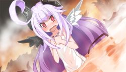 Rule 34 | 1girl, ahoge, asymmetrical wings, black wings, bright pupils, demon girl, fang, horns, huge ahoge, light purple hair, long hair, looking at viewer, makai shin trillion, naked towel, nanameda kei, official art, onsen, open mouth, red eyes, ruche, solo, tail, tattoo, towel, wading, wet, white wings, wings