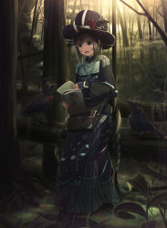 Rule 34 | 1girl, aiuabo, bag, bead necklace, beads, bird, black hair, black hat, book, boots, bow, bowtie, braid, commentary, cross-laced footwear, crow, dark, flower, forest, full body, hat, hat flower, jewelry, lace-up boots, long hair, monocle, nature, necklace, original, outdoors, robe, silk, sitting, spider web, top hat, twin braids, very long hair
