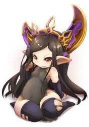 Rule 34 | 10s, 1girl, arm behind back, arulumaya, bare shoulders, black hair, black thighhighs, brown eyes, covered navel, crescent, granblue fantasy, harvin, hat, leaning back, leotard, long hair, mole, mole under eye, open mouth, pointy ears, seiza, simple background, sitting, smile, solo, thighhighs, ukan muri, white background