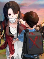 Rule 34 | 1girl, 4boys, backpack, bag, black hair, blue shirt, breasts, bullying, cleavage, coat, commentary request, cowboy shot, dress, funi mu9, glasgow smile, green shirt, hair over one eye, heterochromia, highres, holding, holding scissors, kuchisake-onna, long hair, mask, medium breasts, mouth mask, multiple boys, orange eyes, orange shirt, original, outdoors, paint on body, parted bangs, randoseru, red coat, red eyes, removing mask, scissors, shading eyes, shirt, short hair, sky, stitched mouth, stitches, surgical mask, white dress, white mask, white shirt