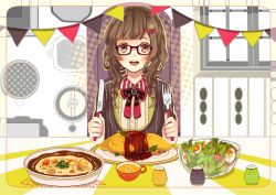 Rule 34 | 1girl, bad id, bad pixiv id, brown hair, egg, flower, food, fork, glasses, indoors, knife, lettuce, long hair, looking at viewer, open mouth, original, plate, salad, sitting, solo, suono, table, window