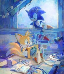 Rule 34 | 2boys, animal ears, animal nose, blue eyes, blue fur, blue sky, book, cable, closed mouth, floor, fox boy, fox ears, fox tail, furry, furry male, gloves, gold trim, green eyes, hands up, hedgehog, hedgehog ears, hedgehog tail, highres, holding, indoors, iyo (1eavethebus), lamp, looking at another, looking to the side, male focus, multiple boys, multiple tails, open book, open mouth, paper, pencil, red footwear, shadow, shoes, sitting, sky, smile, sneakers, socks, sonic (series), sonic the hedgehog, sonic the hedgehog (classic), tail, tails (sonic), teeth, tongue, two tails, wall, white gloves, white socks, yellow fur
