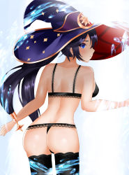 Rule 34 | 1girl, absurdres, artist request, ass, bare shoulders, blue eyes, blush, bra, breasts, embarrassed, from behind, genshin impact, hair ornament, hat, highres, long hair, looking at viewer, looking back, mona (genshin impact), purple hair, shiny skin, sideboob, solo, thighhighs, thong, twintails, underwear, very long hair