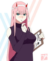 Rule 34 | 1girl, alternate costume, aqua eyes, artist logo, blush, breasts, candy, clipboard, clothing cutout, darling in the franxx, document, embarrassed, eyeshadow, female focus, fingernails, food, hair between eyes, hairband, hand up, hiro (darling in the franxx), holding, horns, j adsen, lollipop, long hair, long sleeves, looking at viewer, makeup, mouth hold, nail polish, neck, nose blush, pink hair, pink nails, ringed eyes, shoulder cutout, sleeves past wrists, solo, turtleneck, very long hair, white background, zero two (darling in the franxx)