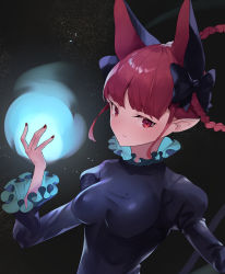 Rule 34 | 1girl, amano hagoromo, animal ears, black bow, black dress, black footwear, blunt bangs, bow, braid, breasts, cat ears, cat tail, close-up, dark background, dress, extra ears, hair bow, high heels, highres, kaenbyou rin, large breasts, long sleeves, looking at viewer, multiple tails, nail polish, nekomata, pointy ears, red eyes, red hair, red nails, short hair, solo, tail, touhou, twin braids, two-sided fabric, upper body, ||/