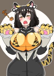Rule 34 | 1girl, animal ears, animal hands, animal print, black hair, breasts, chinese zodiac, claws, deep skin, fang, female focus, grey background, half-closed eyes, highres, large breasts, looking at viewer, nishiki (artist), open mouth, outline, paw pose, short hair, skindentation, solo, standing, tail, tail raised, tiger ears, tiger print, tiger print bikini, tiger tail, ultra kaijuu gijinka keikaku, ultra series, w arms, white outline, year of the tiger, yellow eyes, zetton
