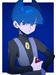 Rule 34 | 1boy, a (poipiku 325815), black shirt, blue background, blue eyes, blue hair, blunt bangs, border, closed mouth, commentary request, creatures (company), game freak, hand on own hip, holding, holding poke ball, logo, long sleeves, looking at viewer, male focus, nintendo, poke ball, poke ball (basic), pokemon, pokemon dppt, saturn (pokemon), shirt, short hair, smile, solo, team galactic, team galactic uniform, upper body, white border