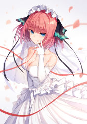 Rule 34 | 1girl, :q, bare shoulders, bison cangshu, blue eyes, blunt bangs, blush, breasts, bride, closed mouth, collarbone, dress, elbow gloves, gloves, go-toubun no hanayome, hair ribbon, highres, jewelry, large breasts, licking lips, looking at viewer, medium hair, nakano nino, pink hair, red ribbon, ribbon, ring, smile, solo, tongue, tongue out, wedding dress, white dress