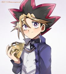Rule 34 | 1boy, black hair, blonde hair, blush, commentary, dated, grey background, highres, ing&#039;yeo soyeo, male focus, millennium puzzle, multicolored hair, muto yugi, red hair, short hair, smile, solo, spiked hair, takahashi kazuki (person), twitter username, upper body, yu-gi-oh!, yu-gi-oh! duel monsters