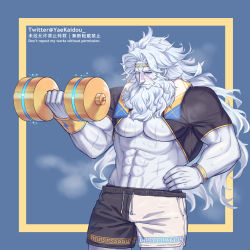 Rule 34 | 1boy, abs, alternate costume, bara, bare pectorals, beard, black shorts, blush, bulge, cowboy shot, dolphin shorts, dumbbell, exercising, facial hair, fate/grand order, fate (series), hair intakes, hand on own hip, highres, large pectorals, long hair, male focus, mature male, muscular, muscular male, navel, one eye closed, pale skin, pectorals, shorts, shrug (clothing), simple background, solo, steam, sweat, very long hair, white hair, white shorts, yaekaidou, zeus (fate)