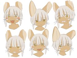 Rule 34 | 1other, animal ears, bad id, bad twitter id, blunt bangs, dark skin, expressions, frown, highres, made in abyss, nanachi (made in abyss), other focus, rabbit ears, revision, simple background, tagme, whiskers, white background