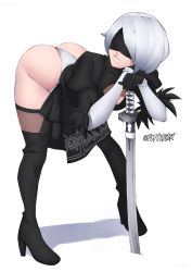 Rule 34 | 1girl, android, ass, bent over, blindfold, boots, breasts, dress, flytrapxx, gloves, high heel boots, high heels, highres, leaning, leaning forward, leotard, nier (series), nier:automata, parted lips, shiny skin, short hair, silver hair, skirt, smile, solo, sword, thigh boots, thighhighs, thong leotard, weapon, 2b (nier:automata)