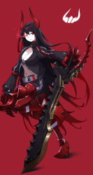 Rule 34 | 1girl, absurdres, armored boots, black gold saw, black hair, black jacket, black rock shooter, black shorts, boots, breasts, cleavage, collarbone, flaming eye, floating hair, full body, gauntlets, gradient hair, hair between eyes, hand on hilt, highres, horns, jacket, large breasts, long hair, long sleeves, looking at viewer, midriff, multicolored hair, navel, open clothes, open jacket, red background, red eyes, red footwear, red hair, rejan, shorts, simple background, solo, standing, standing on one leg, stomach, sword, thigh boots, thighhighs, very long hair, weapon