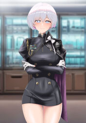 Rule 34 | + +, 1girl, absurdres, arms under breasts, black cape, black dress, blue eyes, blurry, breasts, cape, closed mouth, colored inner hair, covered navel, cowboy shot, depth of field, dress, earrings, gloves, goddess of victory: nikke, highres, indoors, jewelry, light blush, liliweiss (nikke), looking at viewer, medium breasts, military uniform, multicolored hair, pink hair, purple cape, ramiki (ramesgoag), short hair, skin tight, smile, solo, star-shaped pupils, star (symbol), symbol-shaped pupils, two-tone cape, uniform, white gloves, white hair
