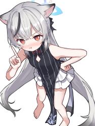 Rule 34 | 1girl, absurdres, angry, animal ears, bare arms, bare legs, bare shoulders, barefoot, black hair, blue archive, brown eyes, full body, grey hair, highres, index finger raised, kokona (blue archive), long hair, multicolored hair, simple background, solo, standing, tadashisa, tears, tiger ears, two-tone hair, white background