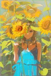 Rule 34 | 1girl, 2022, blonde hair, blue choker, blue ribbon, brown eyes, choker, closed mouth, day, dress, field, flower, flower field, hair between eyes, highres, holding, holding flower, looking at viewer, one eye covered, original, outdoors, redum4, ribbon, ribbon choker, solo, standing, sundress, sunflower, sunflower field, upper body