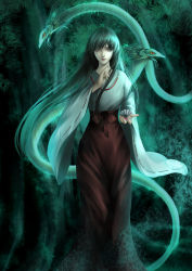 Rule 34 | 1girl, 727567409, absurdres, bad id, bad pixiv id, black hair, brown eyes, cosmetics, forest, highres, inuyasha, japanese clothes, kikyou (inuyasha), long hair, looking at viewer, miko, mr chucky, nature, solo, standing, tree