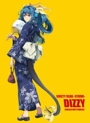 Rule 34 | 1girl, bag, blue hair, blue kimono, carrying, carrying bag, character name, closed mouth, copyright name, dizzy (guilty gear), floral print, flower, from behind, full body, guilty gear, guilty gear strive, hair between eyes, hair flower, hair ornament, hair rings, hand fan, highres, japanese clothes, kimono, long hair, looking at viewer, looking back, mini wings, monster girl, nail polish, nt50, paper fan, pink nails, red eyes, ribbon, sandals, simple background, smile, solo, tail, tail ornament, tail ribbon, twintails, wings, yellow background, yellow ribbon, zouri