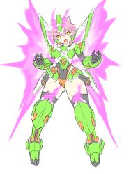 Rule 34 | 1girl, animal ears, cat ears, crossbone gundam, crossbone gundam ghost, fire, gundam, highres, kitasshi, mecha musume, mechanical wings, open hands, open mouth, personification, phantom gundam, pink hair, purple fire, solo, thighhighs, v-fin, v-shaped eyebrows, white background, wings, yellow eyes