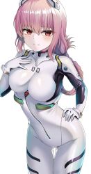 Rule 34 | 1girl, ayanami rei, ayanami rei (cosplay), blush, bodysuit, braid, breasts, cosplay, fate/grand order, fate (series), florence nightingale (fate), hairpods, highres, interface headset, juna (zana lazy), large breasts, long hair, looking at viewer, navel, pilot suit, pink hair, plugsuit, red eyes, simple background, skin tight, smile, solo, thigh gap, white bodysuit