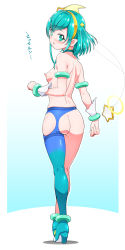 Rule 34 | 1girl, aqua eyes, aqua hair, ass, blue choker, blue thighhighs, breasts, choker, commentary request, cure milky, earrings, from behind, hagoromo lala, hair ornament, hairband, high heels, jewelry, kohsaka jun, looking at viewer, looking back, nipples, no panties, pointy ears, precure, short hair, single leg pantyhose, small breasts, solo, standing, star-shaped pupils, star (symbol), star earrings, star hair ornament, star twinkle precure, symbol-shaped pupils, thighhighs, translation request, wrist cuffs, yellow hairband