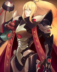 Rule 34 | 1girl, absurdres, arm cannon, armor, blonde hair, blue eyes, cape, claws, cosplay, gun, highres, long hair, looking at viewer, metroid, metroid dread, mole, mole under mouth, nintendo, ponytail, power armor, power suit, raven beak (metroid), red cape, samus aran, science fiction, simple background, solo, truejekart, upper body, weapon