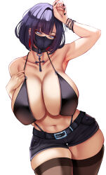 Rule 34 | 1girl, absurdres, arm up, armpits, bikini, black collar, black mask, black nails, black shorts, black slingshot swimsuit, blue eyes, bracelet, breasts, brown thighhighs, collar, collarbone, colored inner hair, contrapposto, cowboy shot, curvy, hand on own chest, highres, huge breasts, jewelry, karma3009, looking at viewer, mask, mouth mask, multicolored hair, navel, o-ring, o-ring swimsuit, original, purple hair, red hair, short hair, short shorts, shorts, simple background, skindentation, slingshot swimsuit, solo, swimsuit, thigh gap, thighhighs, thighs, white background
