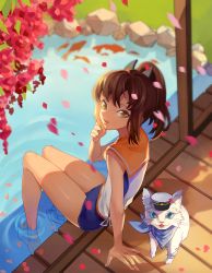 Rule 34 | 1girl, arm support, ascot, barefoot, blue eyes, brown eyes, brown hair, cat, from above, full body, hat, i-401 (kancolle), kantai collection, koi, long hair, looking at viewer, looking back, one-piece swimsuit, peaked cap, petals, pond, ponytail, sailor collar, school swimsuit, school uniform, serafuku, short ponytail, sitting, soaking feet, solo, swimsuit, swimsuit under clothes, wanbo, water