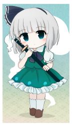 Rule 34 | 1girl, black bow, black hairband, black neckwear, blush, blush stickers, bow, brown footwear, chibi, closed mouth, dress, female focus, ghost, ghost print, gradient background, green background, green dress, green eyes, hairband, hands up, highres, katana, konpaku youmu, konpaku youmu (ghost), looking at viewer, rei (tonbo0430), shoes, short hair, short sleeves, silver hair, simple background, socks, solo, standing, sword, touhou, weapon, white sleeves, white socks, yellow background