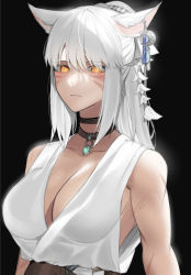 Rule 34 | 1girl, animal ears, arms at sides, warrior of light (ff14), black background, breasts, cat ears, choker, cleavage, crescent, earrings, facial mark, final fantasy, final fantasy xiv, frown, gloves, hair ribbon, half updo, highres, j.moon, jewelry, long hair, looking at viewer, miqo&#039;te, nihongami, o-ring, orange eyes, pendant, ribbon, scar, scar on arm, sidelocks, simple background, single earring, sleeveless, solo, toned, upper body, whisker markings, white hair