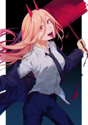 Rule 34 | 1girl, blonde hair, blood, bloody weapon, breasts, chainsaw man, demon girl, demon horns, eyebrows hidden by hair, formal, hair between eyes, hammer, highres, holding, holding hammer, holding weapon, horns, long hair, looking at viewer, medium breasts, moegi0926, necktie, open mouth, pink hair, power (chainsaw man), red eyes, shirt, solo, suit, teeth, weapon, white shirt