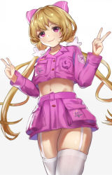 Rule 34 | 1girl, absurdres, blonde hair, blush, bow, butterfly hair ornament, closed mouth, collared shirt, commentary request, crop top, double v, dress shirt, facial mark, garter straps, gradient background, grey background, hair bow, hair ornament, hands up, heart, highres, long hair, long sleeves, looking at viewer, low twintails, midriff, navel, original, pink bow, pink shirt, pink skirt, purple eyes, shirt, skindentation, skirt, smile, solo, thighhighs, thighs, twintails, v, very long hair, wang man, white background, white thighhighs