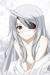 Rule 34 | 10s, 1girl, ahoge, bare shoulders, blush, body blush, breasts, clothes pull, collarbone, dress shirt, duplicate, eyepatch, gradient background, grey background, hair censor, infinite stratos, kuon (nokokopopo), laura bodewig, light particles, light smile, long hair, looking at viewer, no bra, off shoulder, open clothes, open shirt, pale skin, red eyes, shirt, shirt pull, sidelocks, silver hair, small breasts, smile, solo, upper body, v arms, very long hair, white shirt