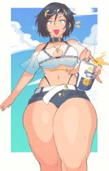 Rule 34 | 1girl, aqua eyes, barbell piercing, beer can, belt, bikini, bikini under clothes, black-framed eyewear, black collar, black hair, blue sky, borrowed character, breasts, can, cloud, collar, commentary, corona (brand), cropped shirt, cross, cross necklace, denim, denim shorts, drink can, english commentary, eyewear on head, fingernails, highleg, highleg bikini, highres, inkerton-kun, jewelry, looking at viewer, medium breasts, navel piercing, necklace, off-shoulder shirt, off shoulder, open mouth, original, piercing, product placement, second-party source, see-through, see-through shirt, shirt, short hair, short shorts, shorts, skindentation, sky, sol (rollingroly), solo, standing, swimsuit, teeth, thick thighs, thighs, underboob, upper teeth only, white belt