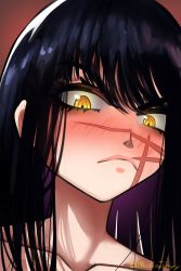 Rule 34 | 1girl, absurdres, annoyed, black hair, chainsaw man, collarbone, facial scar, female focus, highres, lips, long hair, looking at viewer, madaotheory, portrait, ringed eyes, scar, scar on cheek, scar on face, simple background, solo, yellow eyes, yoru (chainsaw man)