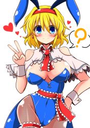 Rule 34 | 1girl, ?, adapted costume, alice margatroid, animal ears, ascot, bare shoulders, blonde hair, blue eyes, blush, bow, bowtie, breasts, rabbit ears, playboy bunny, capelet, cleavage, detached collar, earrings, fake animal ears, fishnet pantyhose, fishnets, hairband, hand on own hip, heart, highres, jewelry, large breasts, bridal garter, leotard, pantyhose, ribbon, rindou (p41neko), sash, short hair, smile, solo, spoken question mark, touhou, v, wrist cuffs