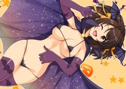 Rule 34 | 1girl, absurdres, animal print, bat print, bikini, breasts, brown eyes, brown hair, cape, elbow gloves, gloves, hair ornament, hairband, halloween costume, haruhisky, head wings, highres, large breasts, looking at viewer, lying, medium breasts, navel, on back, one eye closed, open mouth, shiny clothes, shiny skin, short hair, simple background, smile, solo, stomach, suzumiya haruhi, suzumiya haruhi no yuuutsu, swimsuit, thighhighs, thighs, wings