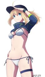 Rule 34 | 10s, 1girl, artoria pendragon (fate), bikini, blonde hair, blue eyes, blue jacket, breasts, cowboy shot, cropped jacket, dated, fate/apocrypha, fate/extra, fate/extra ccc, fate/grand order, fate (series), highres, jacket, long hair, looking at viewer, medium breasts, mysterious heroine x (fate), mysterious heroine xx (fate), navel, pikoguramyu, ponytail, salute, shrug (clothing), side-tie bikini bottom, simple background, smile, solo, swimsuit, track jacket, white background, white bikini