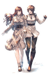 Rule 34 | 2girls, black gloves, black pants, boots, braid, brown eyes, brown footwear, brown hair, character request, closed mouth, coat, commission, cross-laced footwear, eyepatch, full body, gem, gloves, grey coat, hair between eyes, highres, holding hands, interlocked fingers, jewelry, knee boots, lace-up boots, long hair, long sleeves, multiple girls, open mouth, pants, pendant, red gemstone, shimatani azu, signature, simple background, skeb commission, smile, socks, standing, very long hair, white background, white gloves, white socks