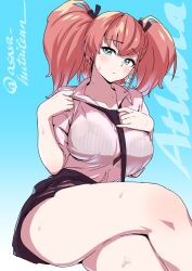 Rule 34 | 1girl, alternate costume, aqua eyes, asava (hutaitenn), atlanta (kancolle), bra, bra visible through clothes, breasts, brown hair, crossed legs, dress shirt, earrings, highres, jewelry, kantai collection, large breasts, legs, long hair, necktie, pleated skirt, see-through, shirt, skirt, solo, star (symbol), star earrings, sweat, thighs, two side up, underwear, wet, wet clothes, wet shirt