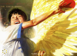 Rule 34 | 1boy, absurdres, black hair, brown eyes, commentary request, feathered wings, highres, holding, holding paddle, hoshino yutaka, male focus, open mouth, paddle, ping pong (manga), realistic, shirt, short bangs, short hair, short sleeves, smile, solo, table tennis, table tennis paddle, teeth, tudou estor, upper body, white shirt, wings, yellow wings