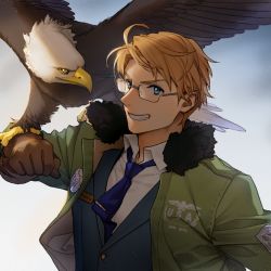 Rule 34 | 1boy, ahoge, america (hetalia), animal on arm, axis powers hetalia, badge, bird, blonde hair, blue eyes, blue necktie, blue suit, buttons, character name, clothes writing, collared shirt, day, eagle, formal, fur-trimmed jacket, fur trim, glasses, green jacket, grin, jacket, looking at viewer, male focus, necktie, official alternate costume, outdoors, shirt, sky, smile, suit, tie clip, to@st